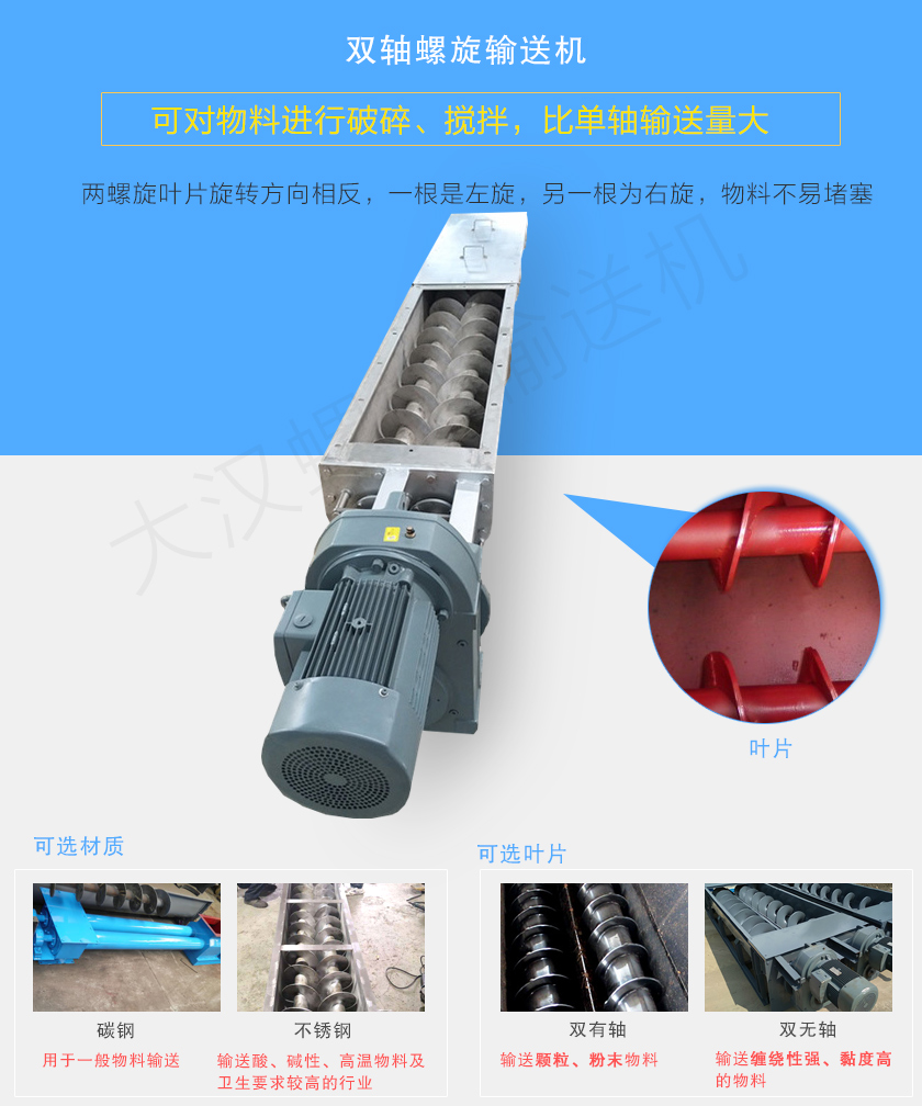 雙軸螺旋輸送機(jī)是由兩根分別焊有旋轉(zhuǎn)葉片的旋轉(zhuǎn)軸組成的,具備破碎、攪拌功能,分為有軸和無軸兩種